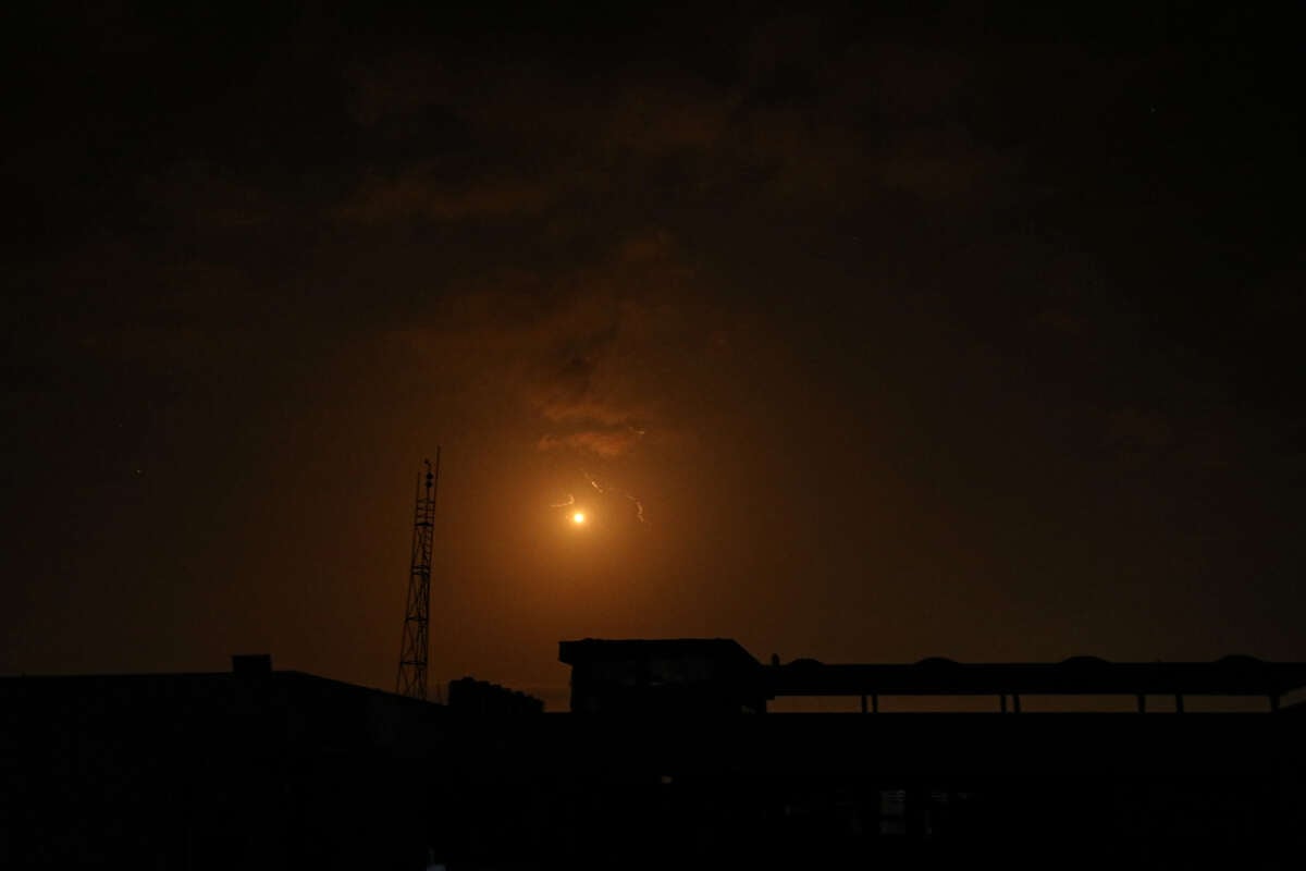 Missiles are seen in the skies of Gaza City following the attack from Iran, in Gaza, on April 14, 2024.