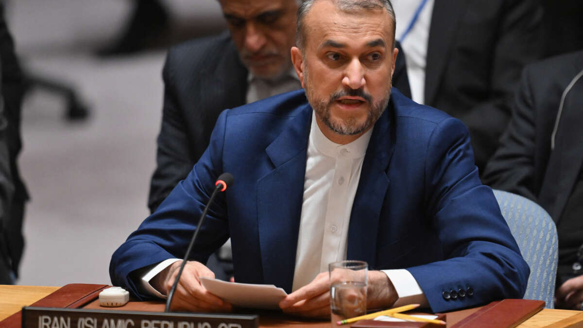 Iran's Foreign Minister Hossein Amir-Abdollahian speaks during a UN Security Council meeting at the UN headquarters in New York City on April 18, 2024.