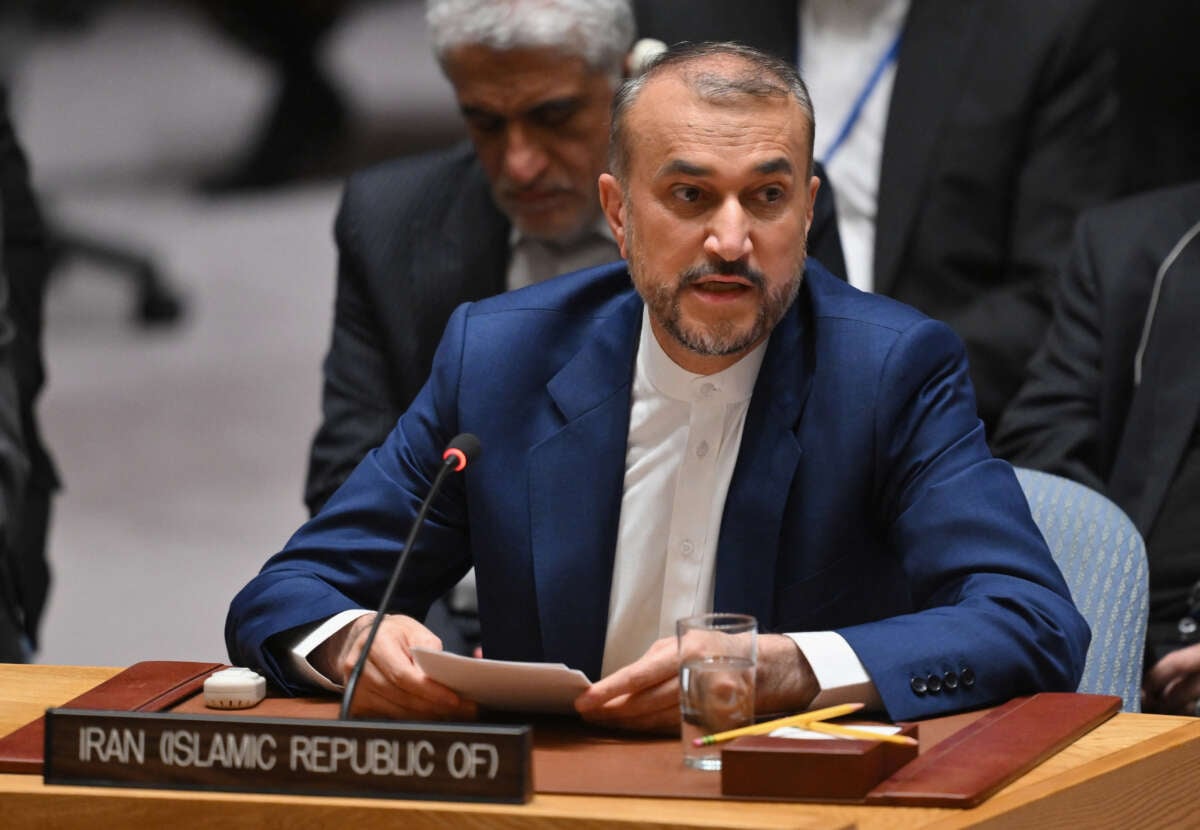 Iran's Foreign Minister Hossein Amir-Abdollahian speaks during a UN Security Council meeting at the UN headquarters in New York City on April 18, 2024.