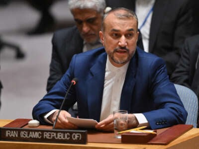 Iran's Foreign Minister Hossein Amir-Abdollahian speaks during a UN Security Council meeting at the UN headquarters in New York City on April 18, 2024.