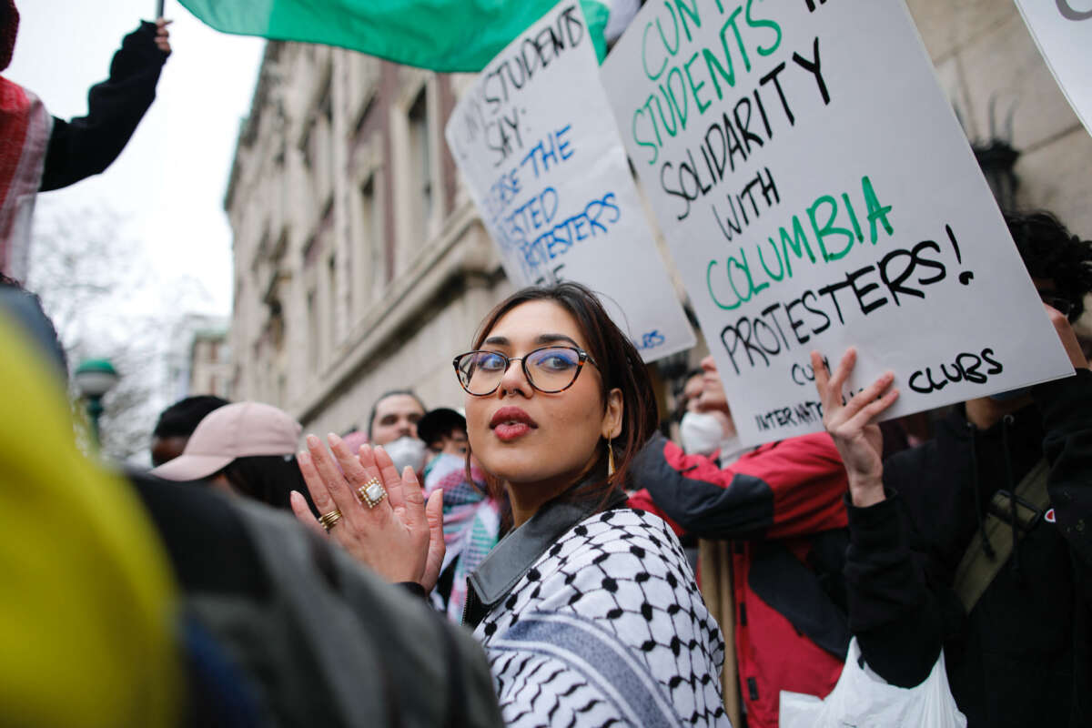 Pro-Palestinian protesters gather outside of Columbia Universit