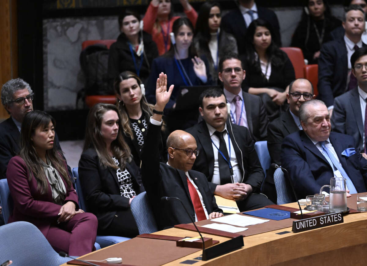 U.S. Deputy Ambassador to the UN Robert Wood votes against a resolution allowing Palestinian UN membership at United Nations headquarters in New York City, on April 18, 2024.