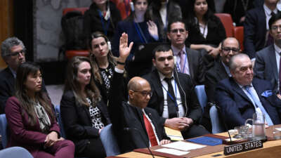 U.S. Deputy Ambassador to the UN Robert Wood votes against a resolution allowing Palestinian UN membership at United Nations headquarters in New York City, on April 18, 2024.