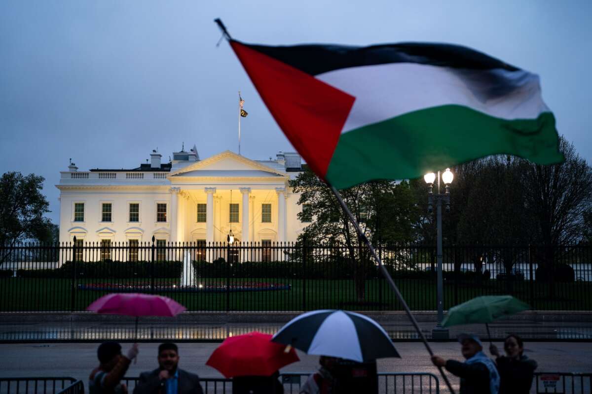 Pro-Palestinian demonstrators call for a ceasefire in Gaza during a protest as part of the "People's White House Ceasefire Now Iftar” outside the White House on April 2, 2024 in Washington, D.C.