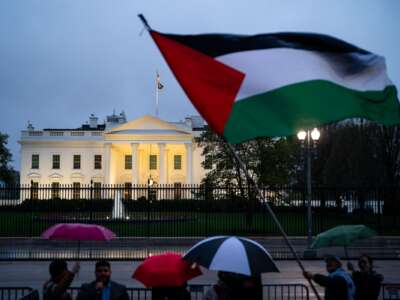 Pro-Palestinian demonstrators call for a ceasefire in Gaza during a protest as part of the "People's White House Ceasefire Now Iftar” outside the White House on April 2, 2024 in Washington, D.C.