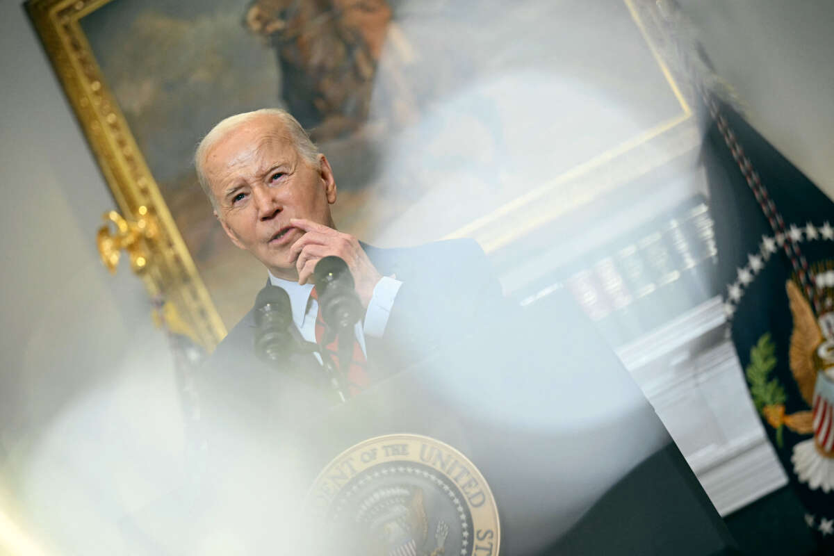 President Joe Biden speaks about the protests over Israel's war against Hamas in Gaza that have occurred at US college campuses, in the Roosevelt Room of the White House in Washington, D.C., on May 2, 2024.