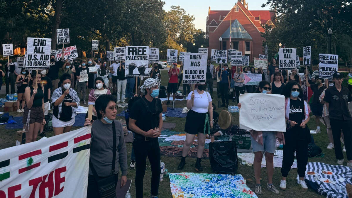 Students rally at the University of Florida to demand an end to the genocide in Gaza, on April 24, 2024, in Gainesville, Florida.