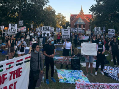 Students rally at the University of Florida to demand an end to the genocide in Gaza, on April 24, 2024, in Gainesville, Florida.