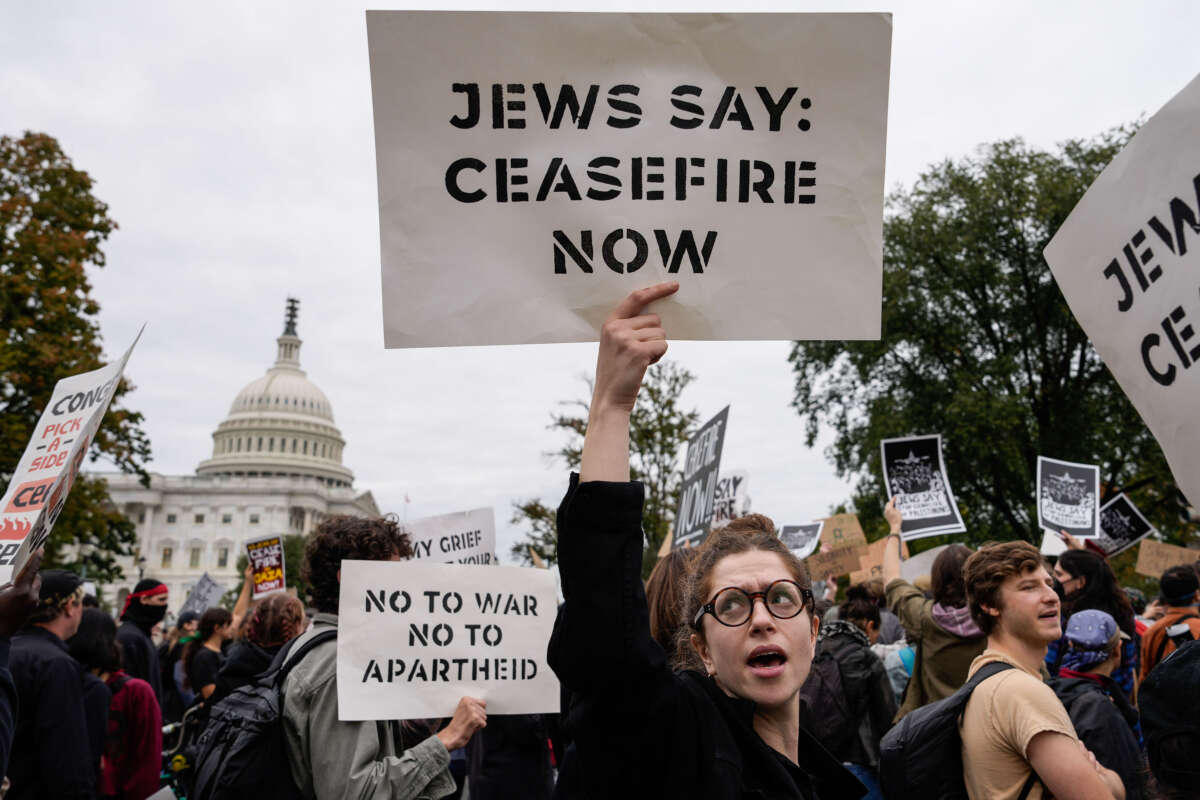 Demonstrators rally to demand a cease-fire against Palestinians in Gaza on Independence Avenue near the U.S. Capitol on October 18, 2023, in Washington, D.C.