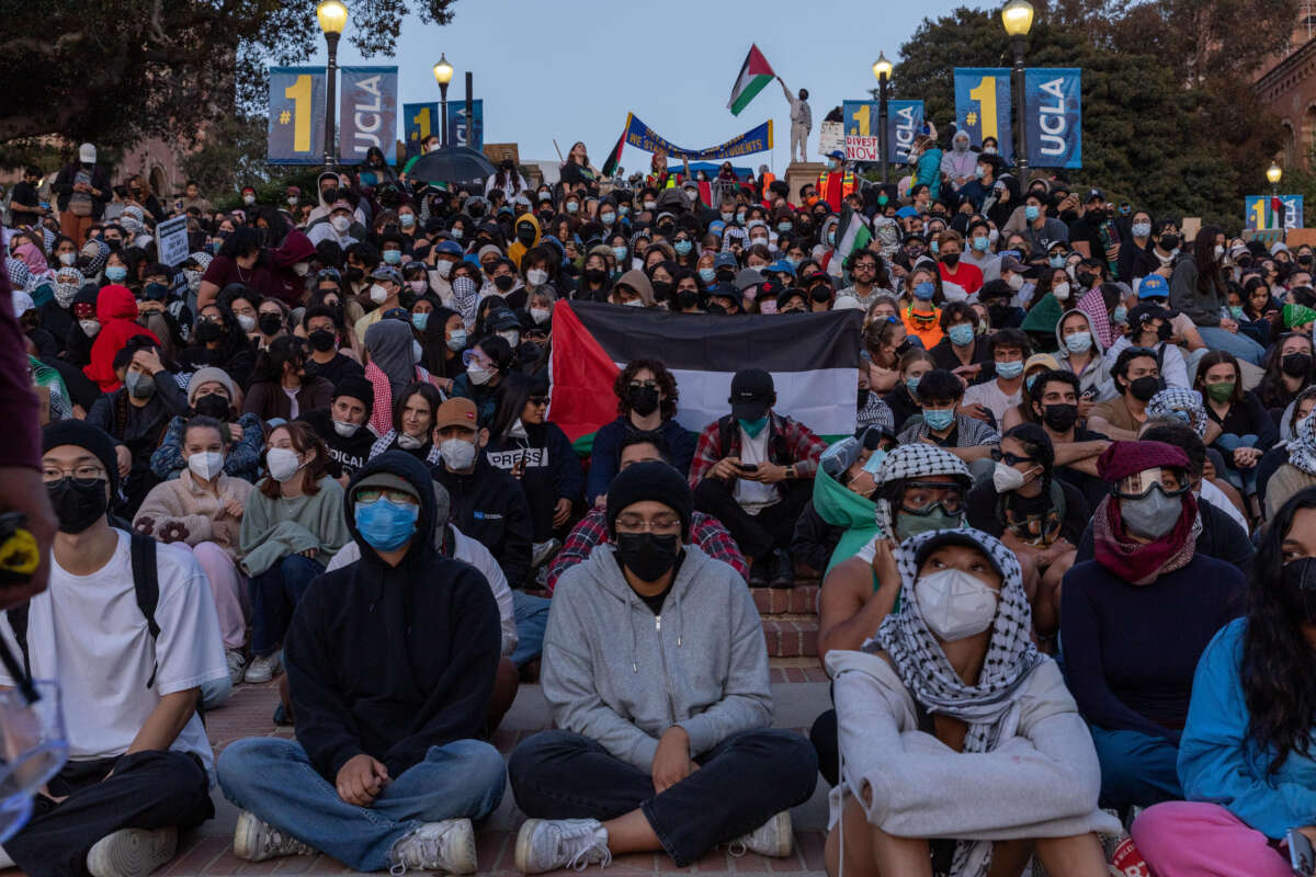 Pro-Palestinian students at UCLA campus set up encampment in support of Gaza and protest the Israeli attacks in Los Angeles, California, on May 1, 2024.