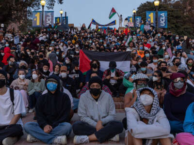 Pro-Palestinian students at UCLA campus set up encampment in support of Gaza and protest the Israeli attacks in Los Angeles, California, on May 1, 2024.