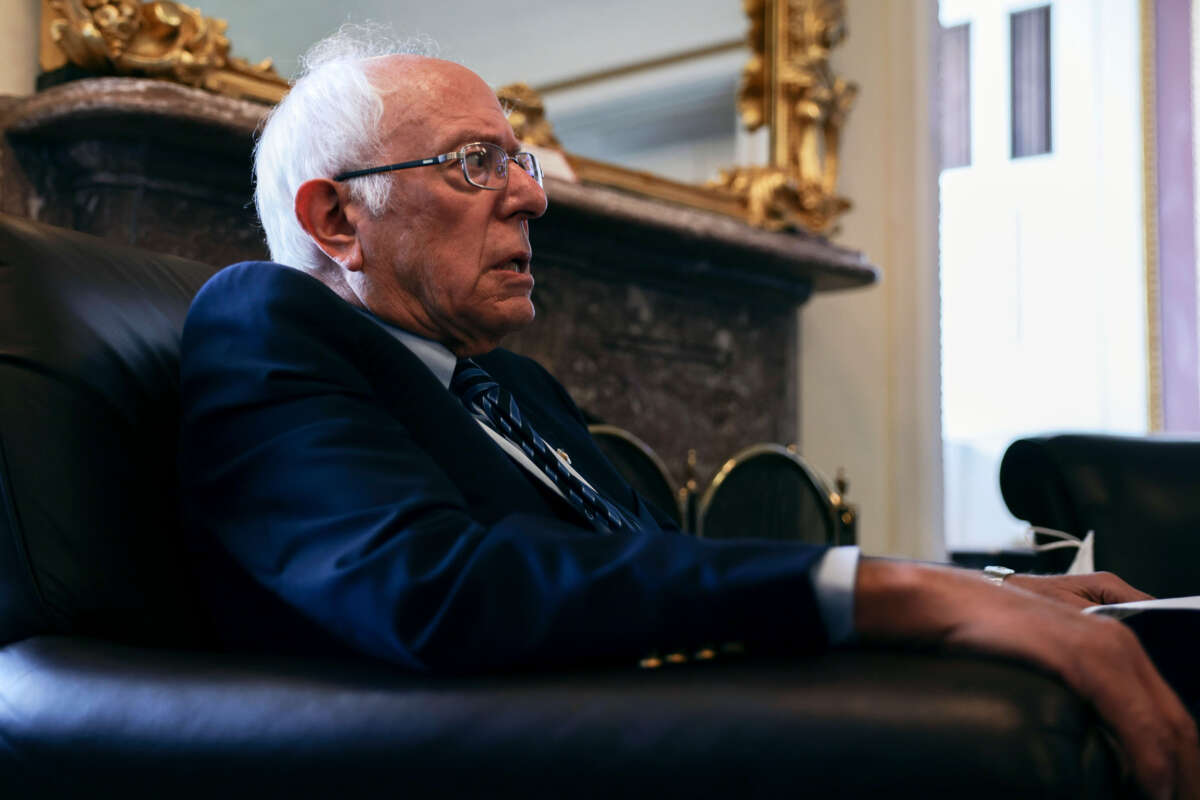Sen. Bernie Sanders speaks during a pen and pad news conference at the U.S. Capitol on October 8, 2021, in Washington, D.C.