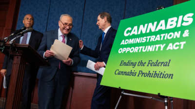 Senate Majority Leader Charles Schumer (center), Sens. Cory Booker (left), and Ron Wyden conduct a news conference on reintroduction of the Cannabis Administration and Opportunity Act (CAOA), in the Capitol Visitor Center on May 1, 2024.