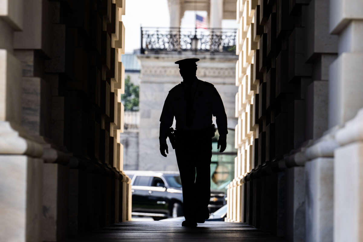 A member of the U.S. Capitol Police is seen in the senate carriage entrance on September 21, 2023.