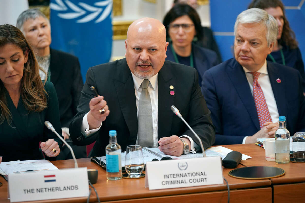 Prosecutor of the International Criminal Court Karim Khan speaks during the Justice Ministers' conference at Lancaster House in London, U.K., on March 20, 2023.