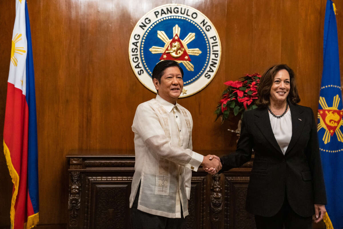 U.S. Vice President Kamala Harris (right) meets with the president of the Philippines, Ferdinand "Bongbong" Marcos Jr., at Malacanang Palace in Manila on November 21, 2022.