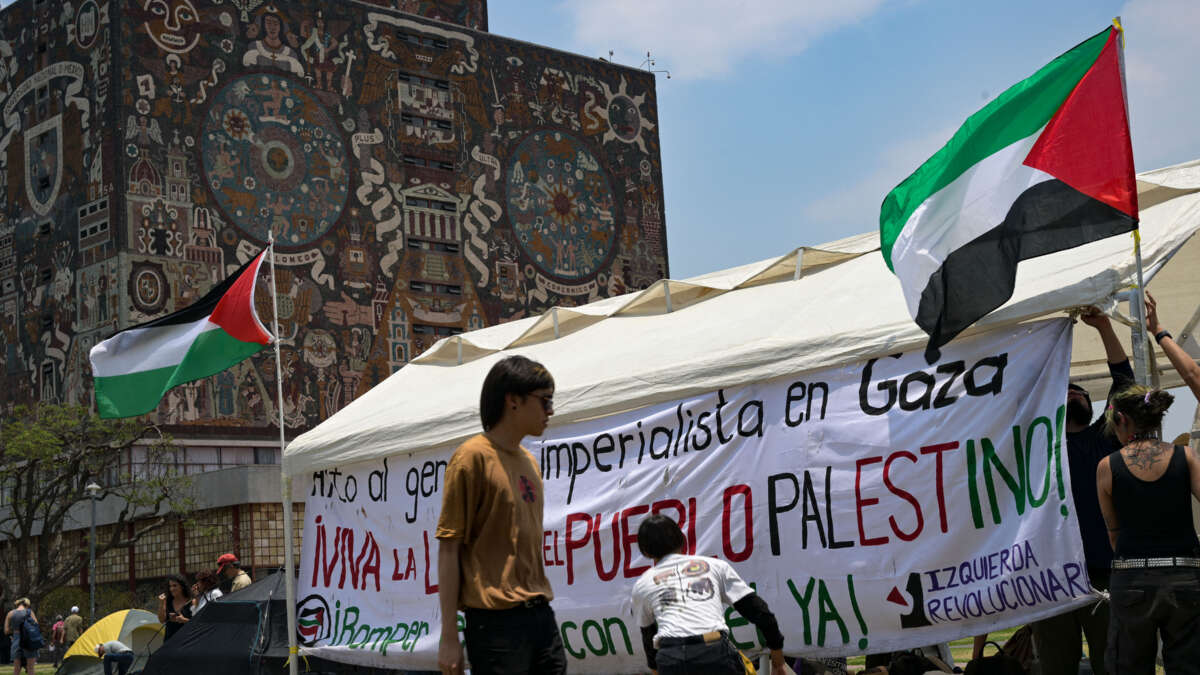 Activists from the Interuniversity and Popular Assembly in Solidarity with the People of Palestine erect a tent in front of the Rectory Tower of the National Autonomous University of Mexico as part of a camp to protest Israel's attacks on the Gaza Strip and demand from the authorities the breaking of academic, political and economic relations between Mexico and Israel, in Mexico City on May 2, 2024.