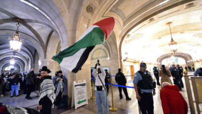 A man waves a Palestinian flag within Chicago's city hall