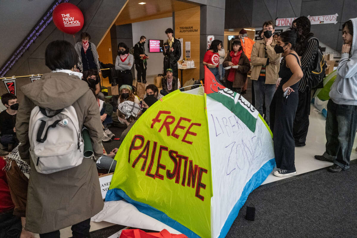 Student activists set up a protest encampment in support of Palestine inside the New School on April 21, 2024, in New York City.