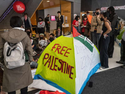 Student activists set up a protest encampment in support of Palestine inside the New School on April 21, 2024, in New York City.