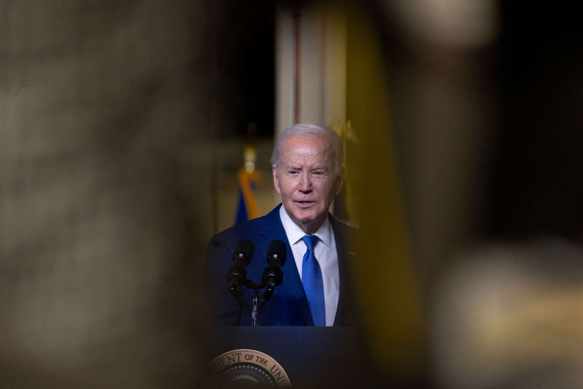 President Joe Biden speaks to guests during an event at Gateway Technical College’s iMet Center on May 8, 2024, in Sturtevant, Wisconsin.