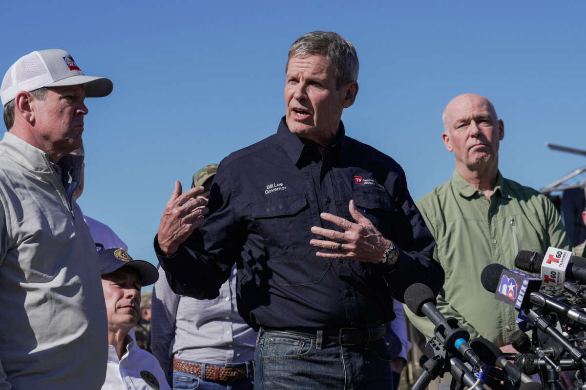 Tennessee Gov. Bill Lee joins fellow governors for a press conference along the Rio Grande at the U.S.-Mexico border to discuss Operation Lone Star and border concerns on February 4, 2024, in Eagle Pass, Texas.