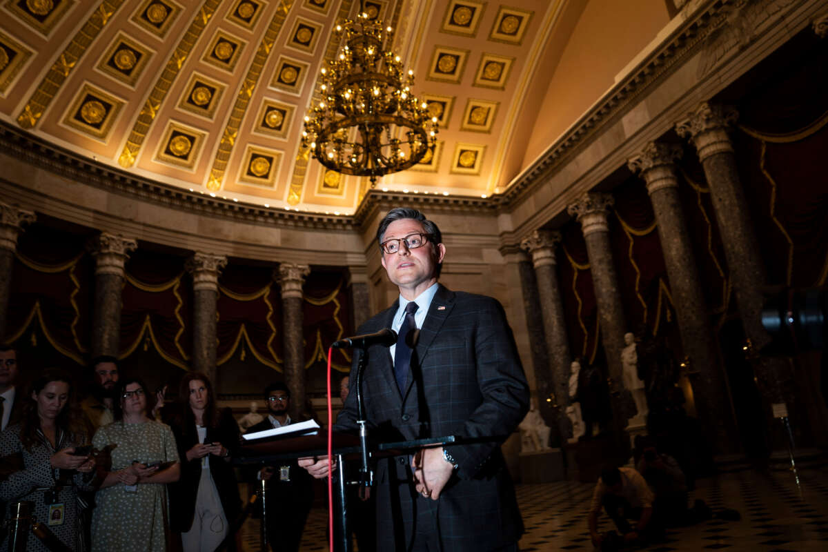 Speaker of the House Rep. Mike Johnson walks out to speak moments after a vote triggered by Rep. Marjorie Taylor Greene on her motion to remove Johnson as speaker fails, on Capitol Hill in Washington, D.C., on May 8, 2024.