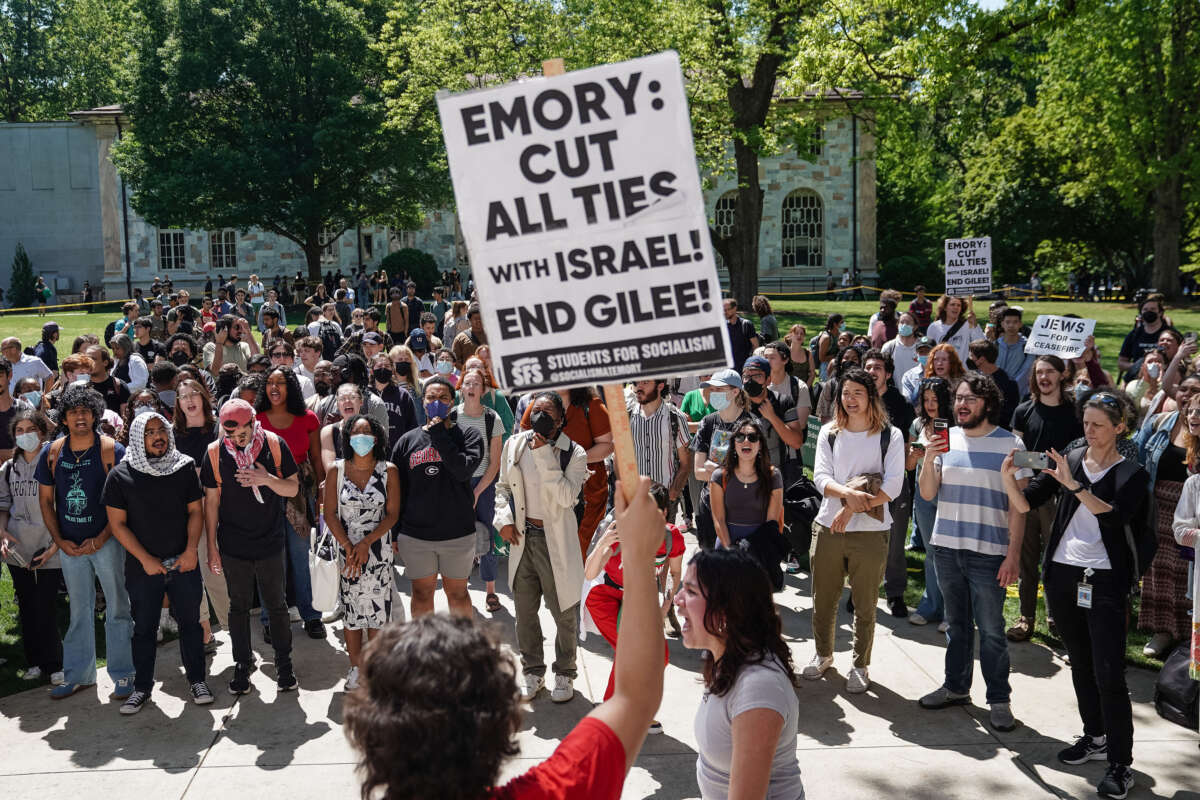 Students chant during a pro-Palestinian protest at Emory University on April 25, 2024, in Atlanta, Georgia.