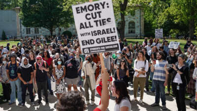 Students chant during a pro-Palestinian protest at Emory University on April 25, 2024, in Atlanta, Georgia.