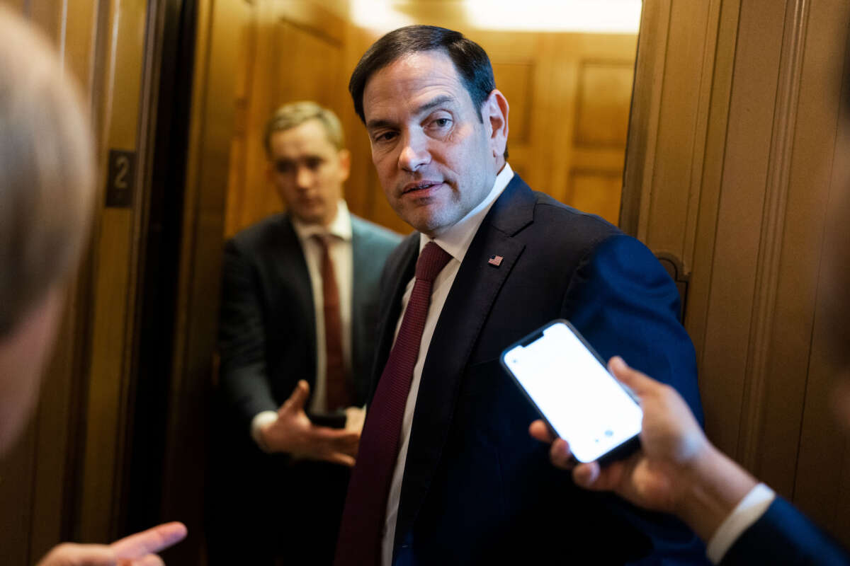 Sen. Marco Rubio talks with reporters in the U.S. Capitol after the senate luncheons on January 24, 2023.