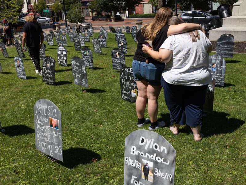 Friends and family members of people who have died from overdoses in Broome County gather for an annual memorial, August 19, 2023, in downtown Binghamton, New York.