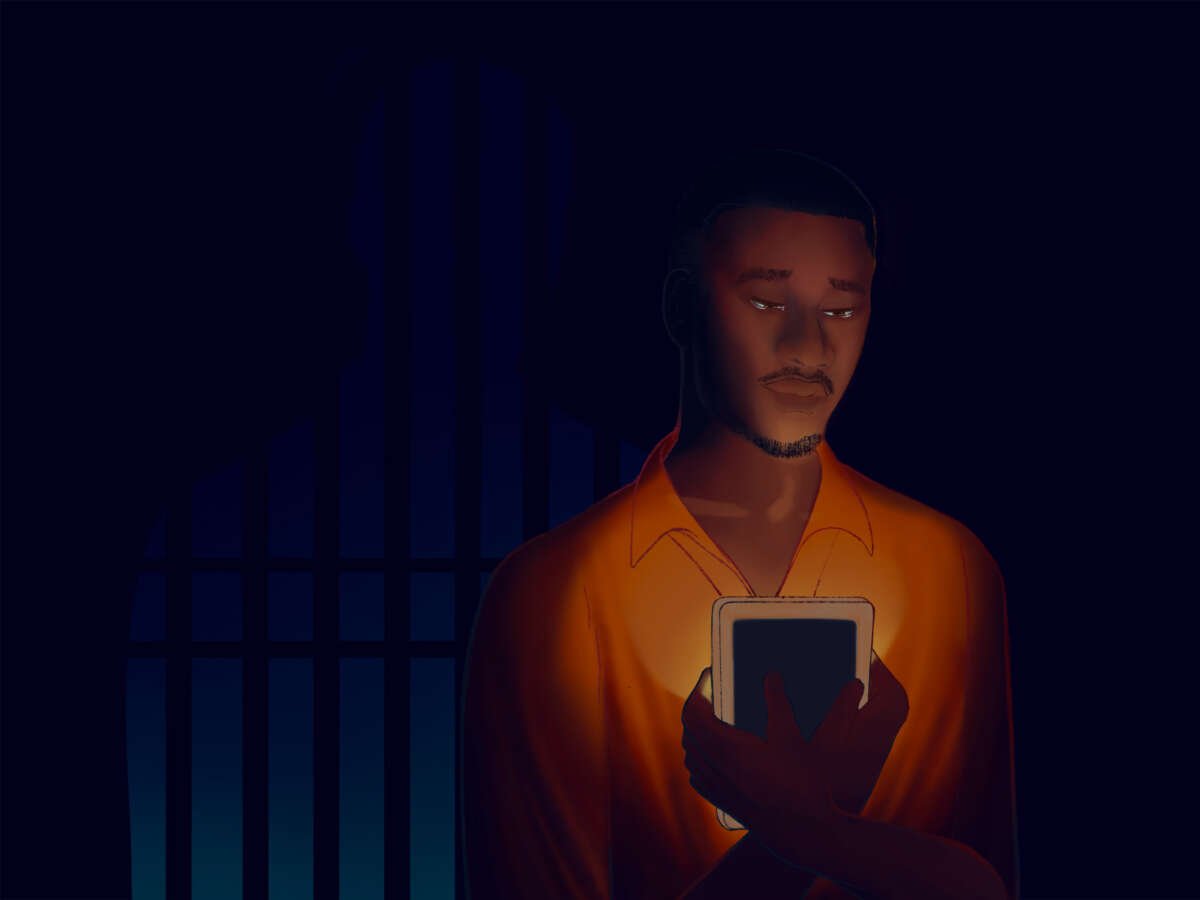 A digital illustration of a young man holding a tablet computer close to his chest as it radiates warm light upwards