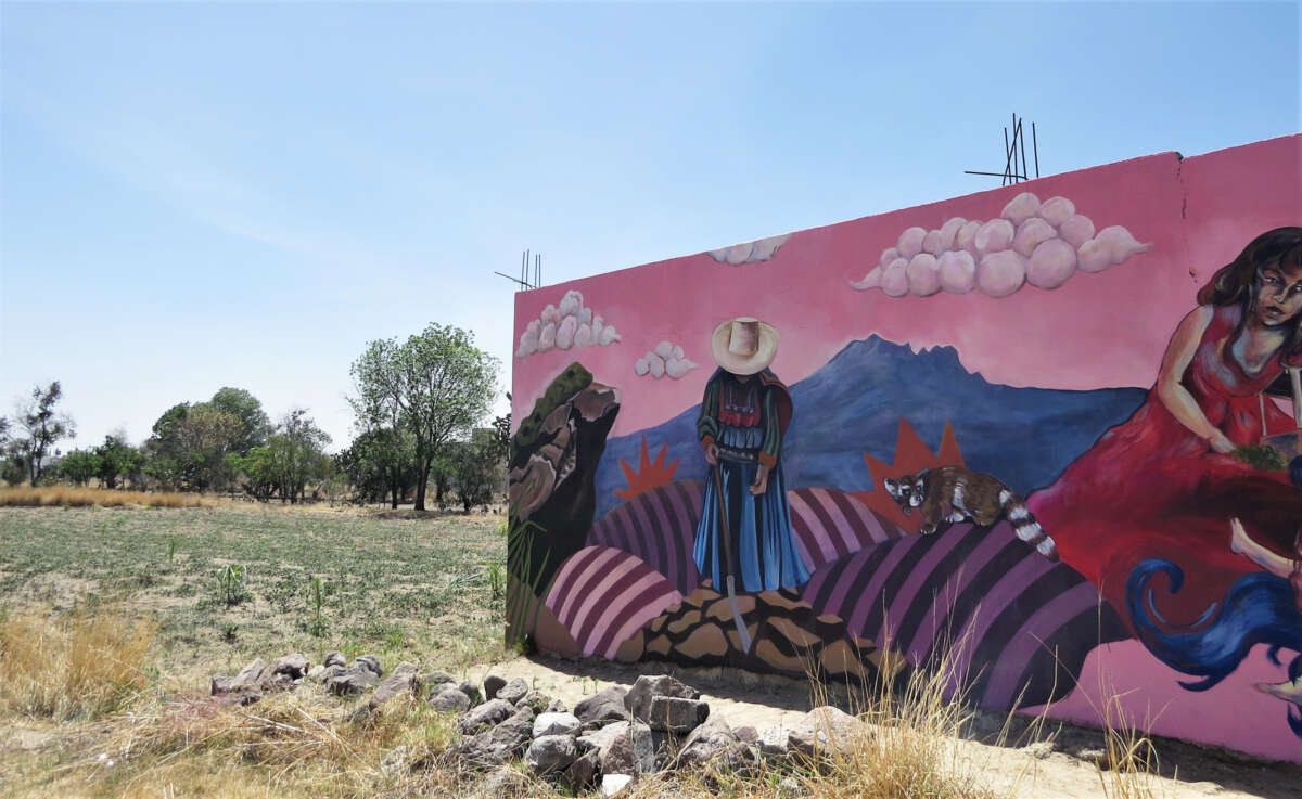 A mural on farmland in La Magdalena Tlaltelulco, painted by locals and community activists, to defend their identity and customs.