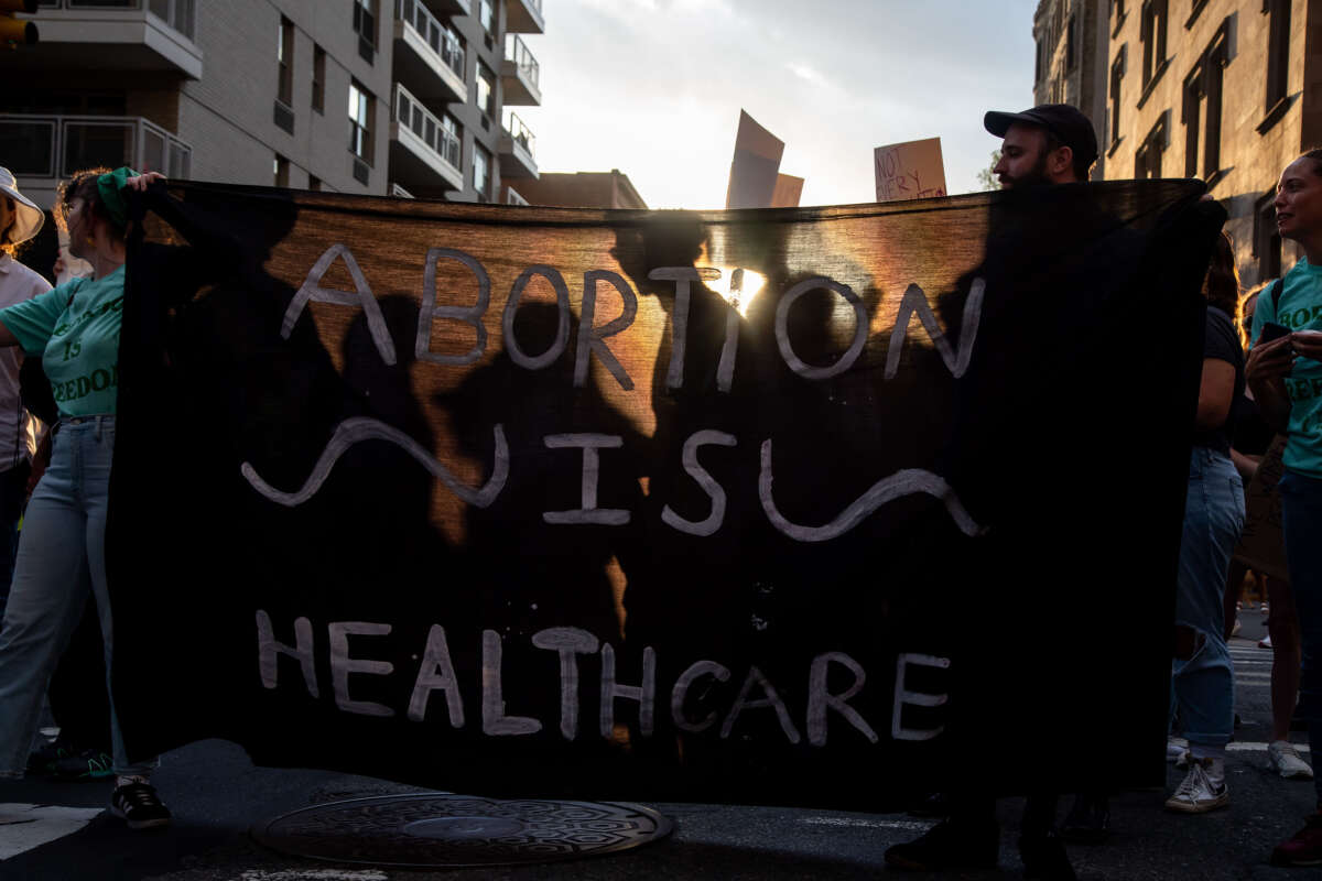 Demonstrators march during a protest for abortion rights on June 24, 2022, in New York City.