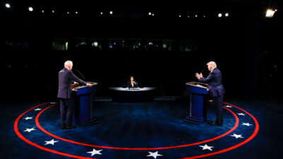Then-President Donald Trump and Democratic presidential nominee Joe Biden participate in the final presidential debate at Belmont University on October 22, 2020, in Nashville, Tennessee.