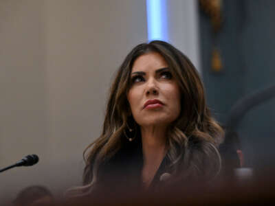 South Dakota Gov. Kristi Noem looks on as she testifies during a House Agriculture hearing at the Longworth House Office Building on March 20, 2024, in Washington, D.C.