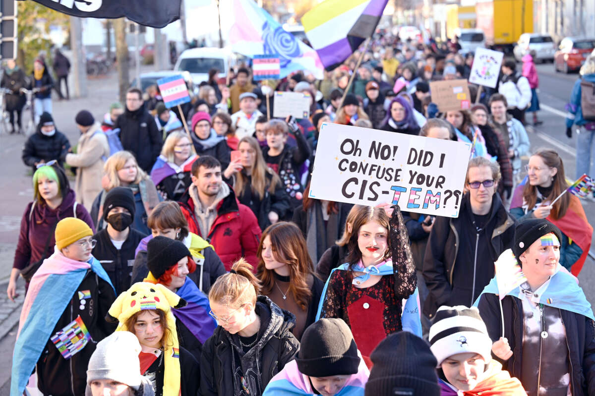 A protester holds a sign reading "Oh no! Did I confuse your Cis-tem?" during an outdoor protest