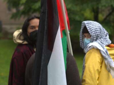 Protesters stand behind a Palestinian flag