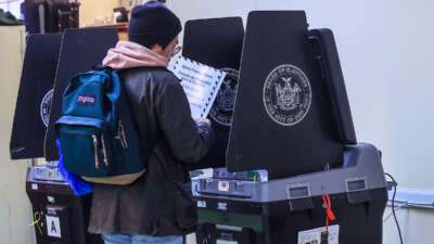 A voter wearing a beanie and a backpack stands at a booth in preparation to vote
