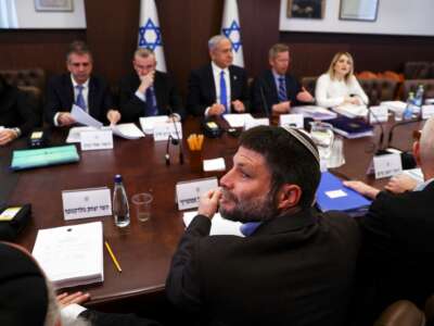 Israeli Finance Minister Bezalel Smotrich attends a cabinet meeting at the prime minister's office in Jerusalem, on February 23, 2023.