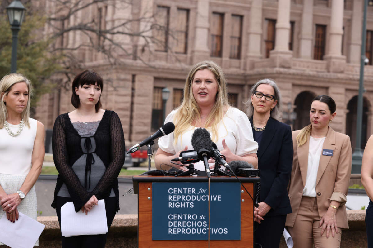 (Left to Right) Plaintiffs Amanda Zurawski, Lauren Hall, Lauren Miller, Center for Reproductive Rights (CRR) President and CEO Nancy Northup, CRR Media Relations Director Kelly Krause speak at the Texas state capitol after filing a lawsuit on behalf of Texans harmed by the state's abortion ban on March 7, 2023, in Austin, Texas.