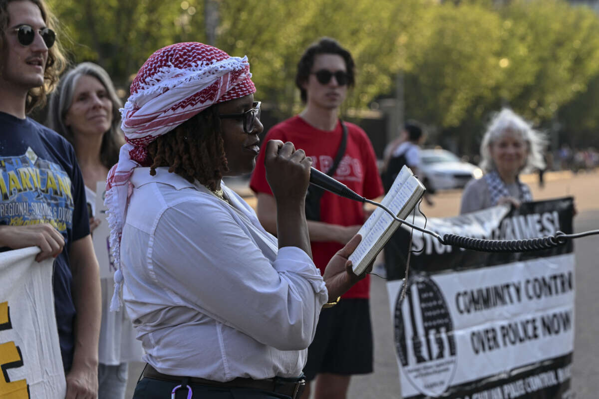 A group of human rights activists hold a rally and a protest outside the White House to demand that the charges against the Tampa 5 be dropped, in Washington, D.C., on July 12, 2023. The Tampa 5 are five activists facing felony charges after being brutalized by police for protesting against the removal of diversity, equity and inclusion initiatives on campus.