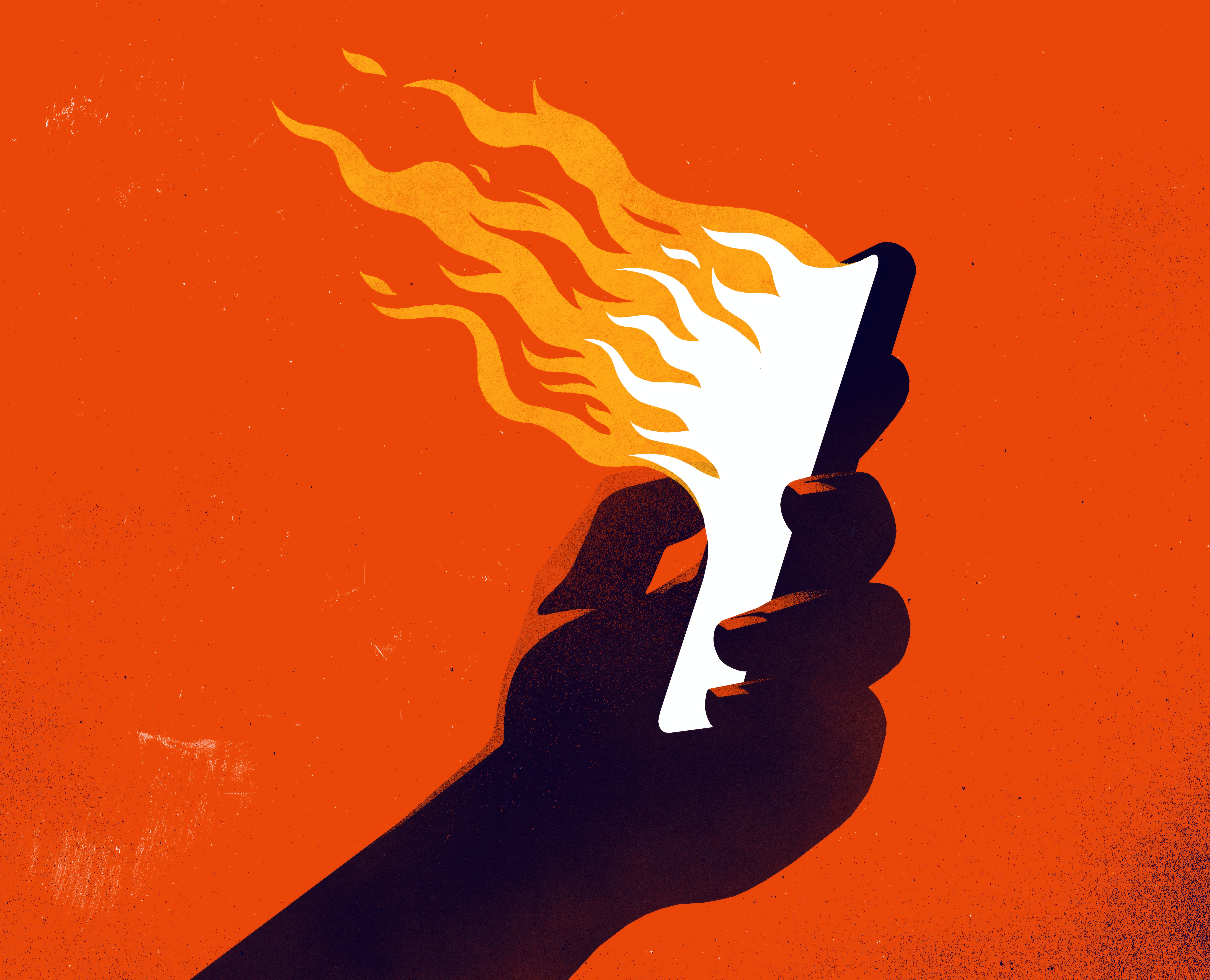 This illustration depicts a hand holding a smartphone emanating flames. The flames are rendered in a bright, fiery orange and white, creating a stark contrast against the dark background and the black silhouette of the hand and phone.