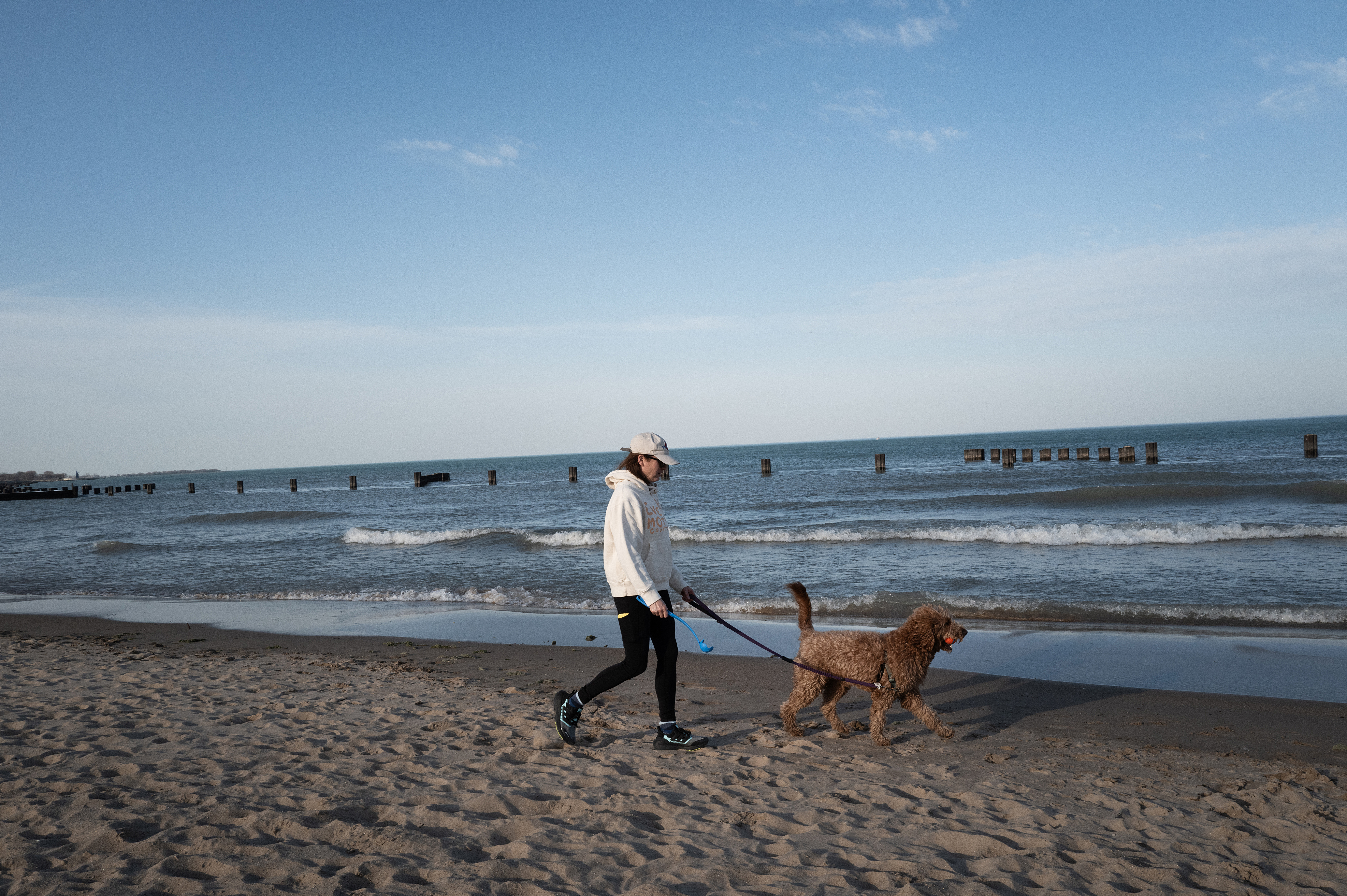 Woman walks her dog along Lake Michigan
