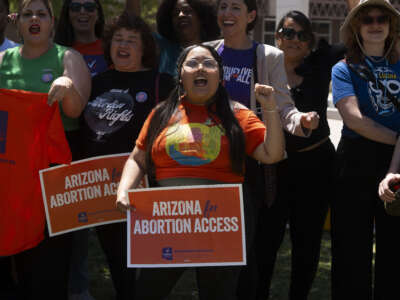 Arizona for Abortion Access, the ballot initiative to enshrine abortion rights in the Arizona State Constitution, holds a press conference and protest on April 17, 2024, in Phoenix, Arizona.