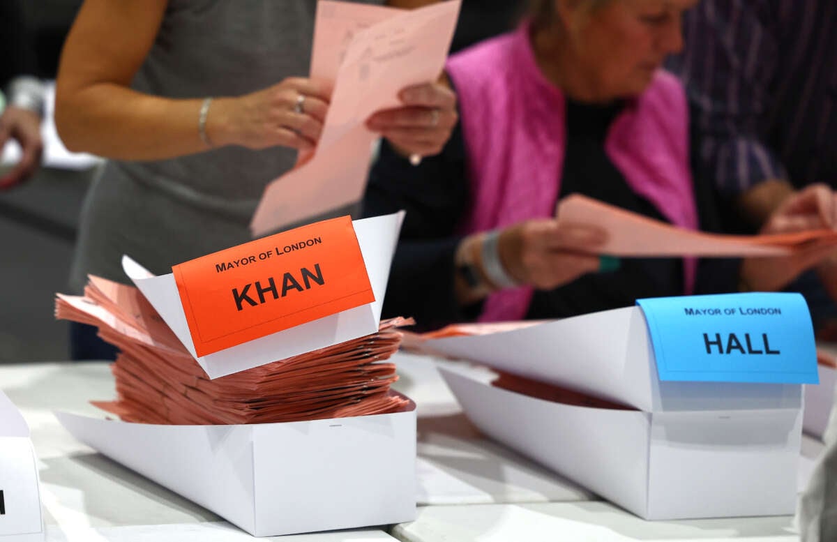 Ballot papers for the London Mayoral Election are counted for the constituency of Havering and Redbridge at ExCel on May 4, 2024, in London, England.