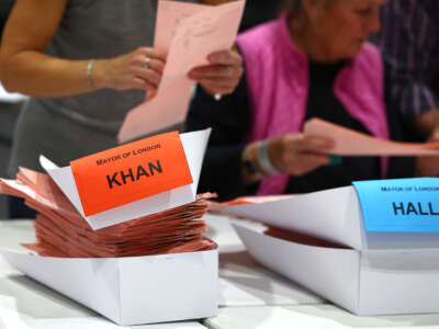 Ballot papers for the London Mayoral Election are counted for the constituency of Havering and Redbridge at ExCel on May 4, 2024, in London, England.