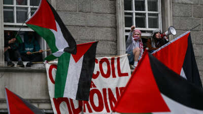 Pro-Palestine activists wave Palestinian flags at Trinity College