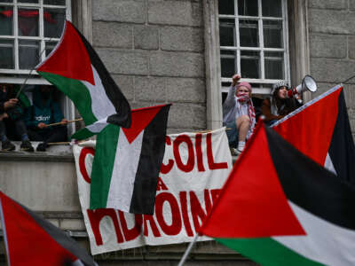 Pro-Palestine activists wave Palestinian flags at Trinity College