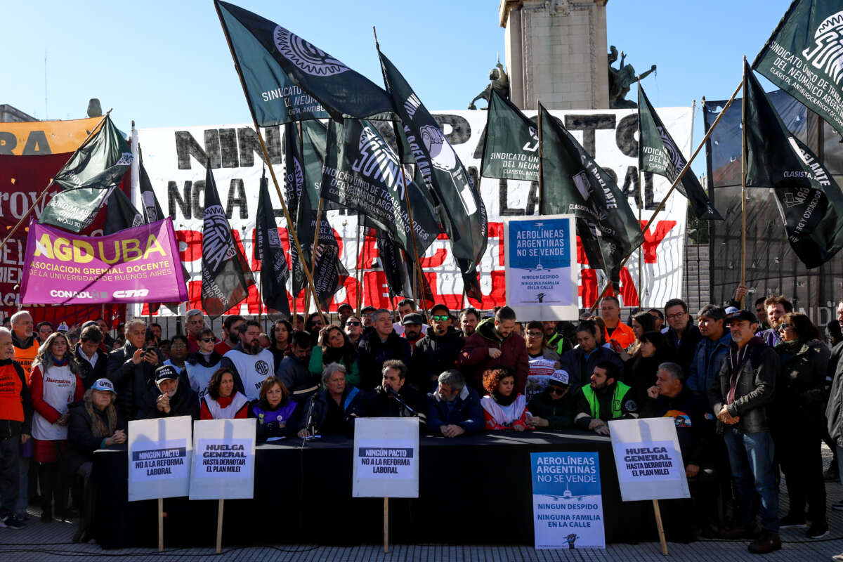 General view of a press conference from various Argentine unions during a general strike on May 9, 2024, in Buenos Aires, Argentina.